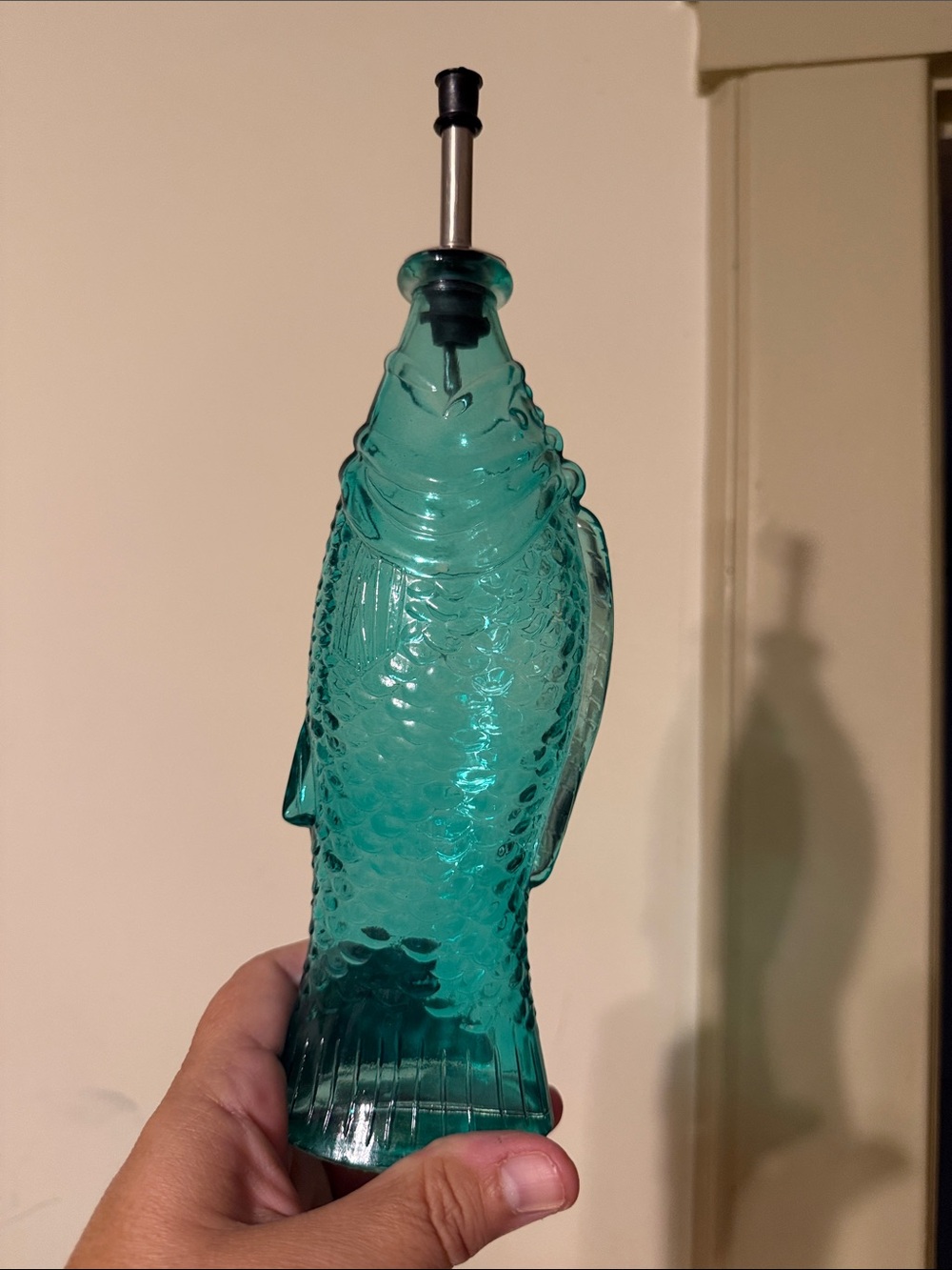Teal Glass Fish Oil Pourer Bottle - Decorative Home Accent